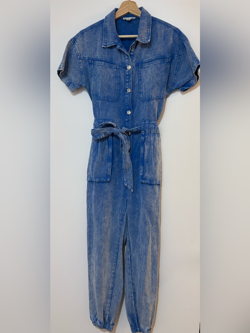 ELAN Acid Wash Denim Jumpsuit Short Sleeve Tie Waist Utility Jogger Blue S